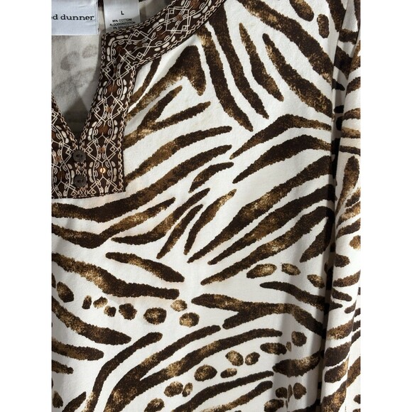 Alfred Dunner Vintage Animal Print Cream Brown Split Neck Woman’s Large Blouse - Picture 8 of 10
